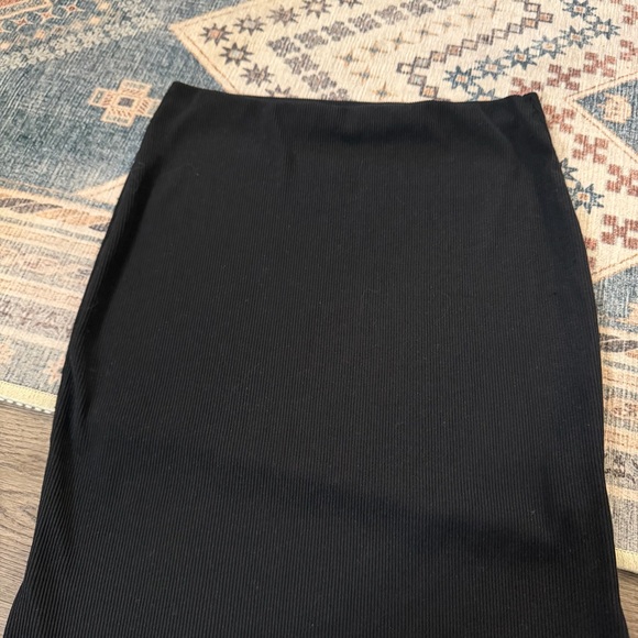 Flounce Club | Black Stretchy Pencil Midi Skirt, Side Slits, Black Ribbed Soft 6 - Picture 3 of 4